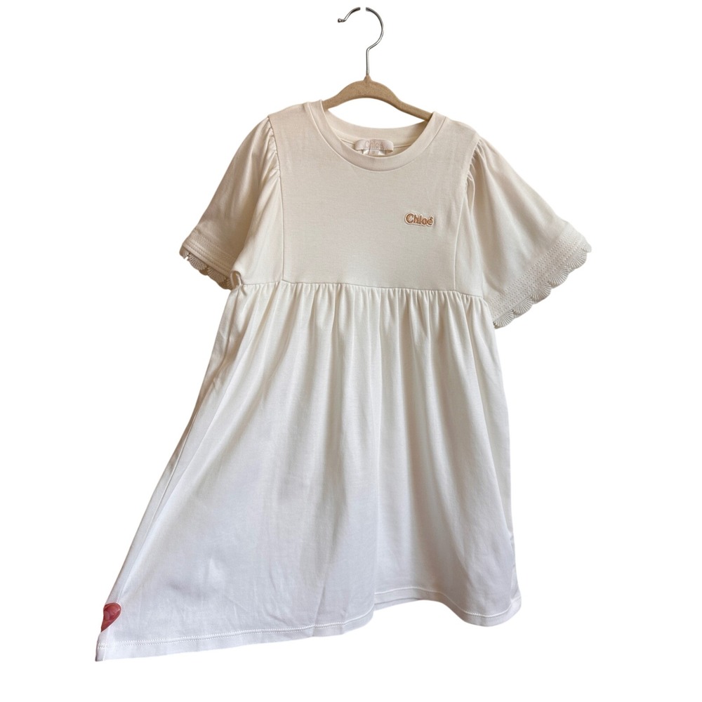 Chloe Girls White Cotton Jersey Babydoll Dress Scallop Lace Trim w/ pockets 6Y